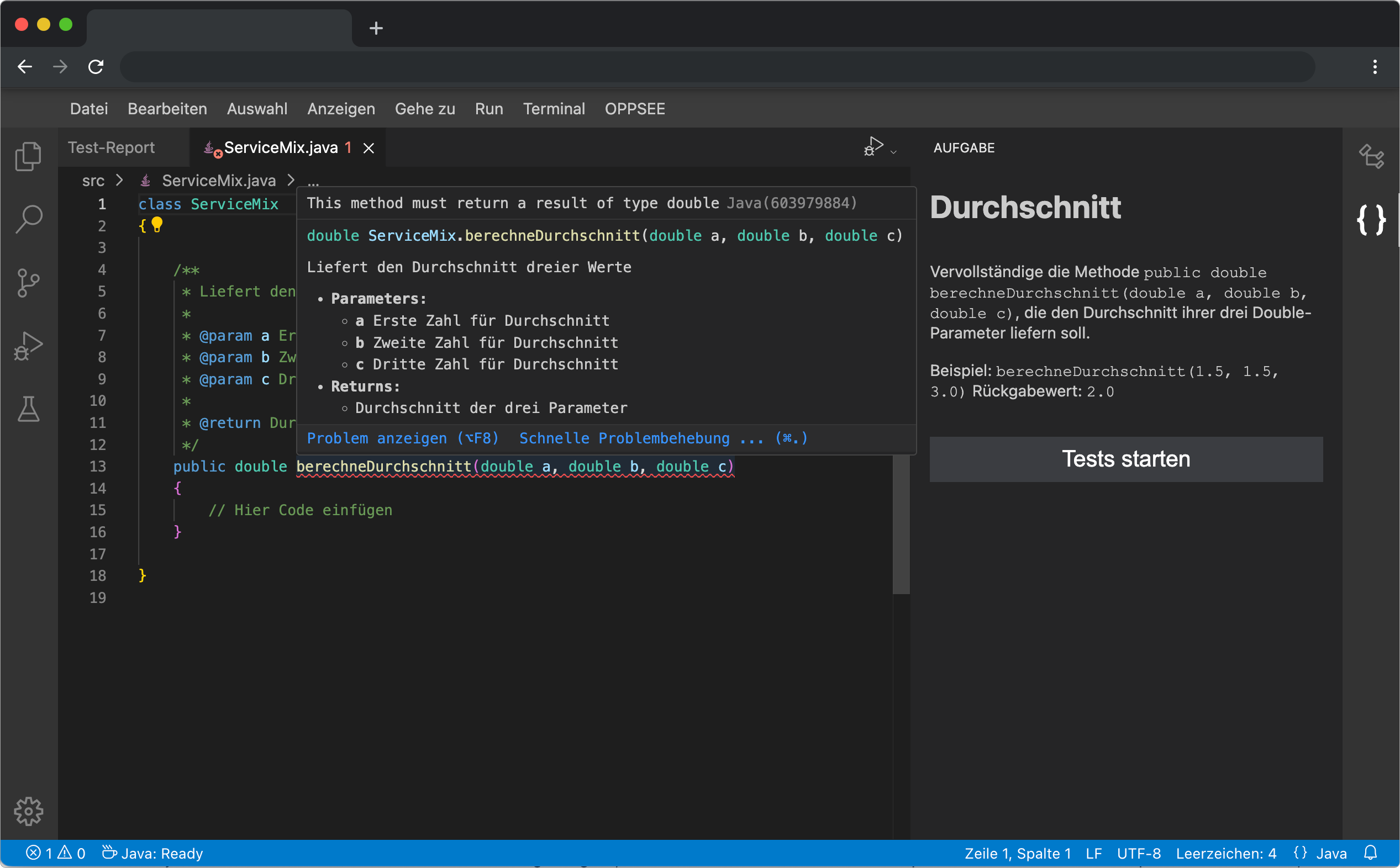 Ein Bildschirmfoto der IDE in der eine Übungsaufgabe geladen ist